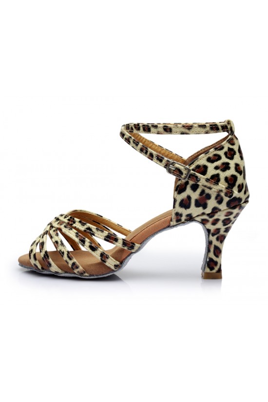 Women's Leopard Satin Heels Sandals Latin Salsa With Ankle Strap Dance Shoes D602022