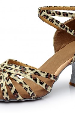 Women's Leopard Satin Heels Sandals Latin Salsa With Ankle Strap Dance Shoes D602022
