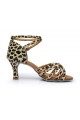 Women's Leopard Satin Heels Sandals Latin Salsa With Ankle Strap Dance Shoes D602022