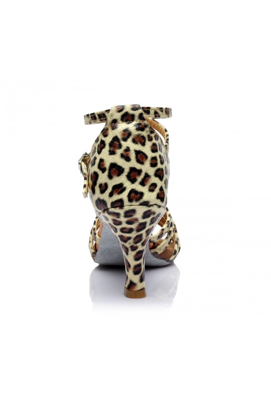 Women's Leopard Satin Heels Sandals Latin Salsa With Ankle Strap Dance Shoes D602022