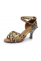 Women's Leopard Satin Heels Sandals Latin Salsa With Ankle Strap Dance Shoes D602022