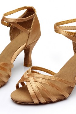 Women's Beige Satin Heels Sandals Latin Salsa With Ankle Strap Dance Shoes D602023