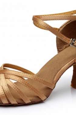 Women's Beige Satin Heels Sandals Latin Salsa With Ankle Strap Dance Shoes D602023