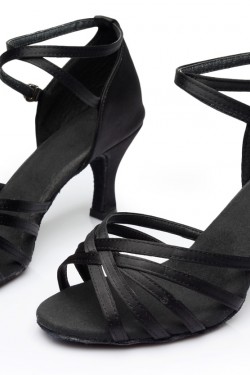 Women's Black Satin Heels Sandals Latin Salsa With Ankle Strap Dance Shoes D602024