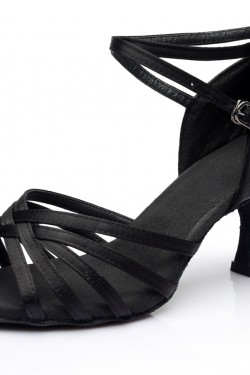 Women's Black Satin Heels Sandals Latin Salsa With Ankle Strap Dance Shoes D602024