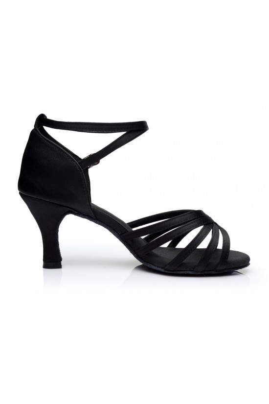 Women's Black Satin Heels Sandals Latin Salsa With Ankle Strap Dance Shoes D602024