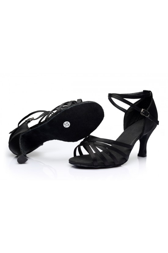 Women's Black Satin Heels Sandals Latin Salsa With Ankle Strap Dance Shoes D602024