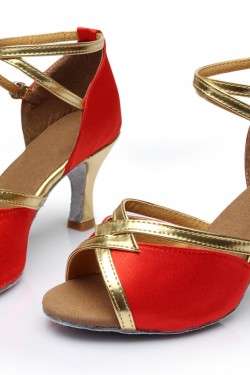 Women's Red Satin Heels Sandals Latin Salsa With Ankle Strap Dance Shoes D602025
