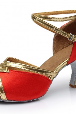 Women's Red Satin Heels Sandals Latin Salsa With Ankle Strap Dance Shoes D602025