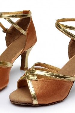 Women's Brown Satin Heels Sandals Latin Salsa With Ankle Strap Dance Shoes D602026