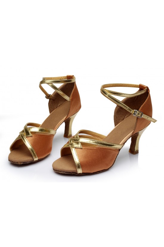 Women's Brown Satin Heels Sandals Latin Salsa With Ankle Strap Dance Shoes D602026