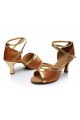 Women's Brown Satin Heels Sandals Latin Salsa With Ankle Strap Dance Shoes D602026