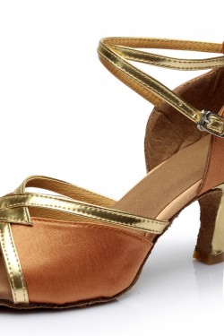 Women's Brown Satin Heels Sandals Latin Salsa With Ankle Strap Dance Shoes D602026