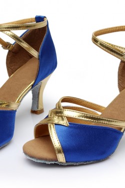 Women's Blue Satin Heels Sandals Latin Salsa With Ankle Strap Dance Shoes D602027