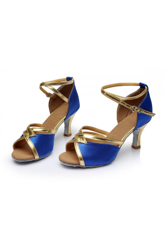 Women's Blue Satin Heels Sandals Latin Salsa With Ankle Strap Dance Shoes D602027