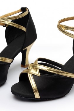 Women's Black Satin Heels Sandals Latin Salsa With Ankle Strap Dance Shoes D602028