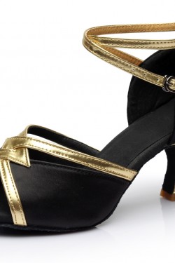 Women's Black Satin Heels Sandals Latin Salsa With Ankle Strap Dance Shoes D602028