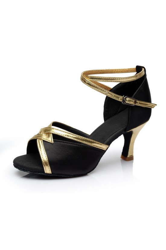 Women's Black Satin Heels Sandals Latin Salsa With Ankle Strap Dance Shoes D602028