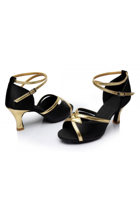 Women's Black Satin Heels Sandals Latin Salsa With Ankle Strap Dance Shoes D602028