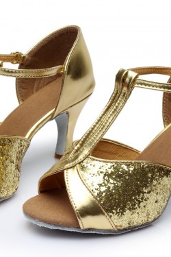 Women's Gold Sparkling Glitter Heels Sandals Latin Salsa T-Strap Dance Shoes Wedding Party Shoes D602029