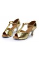 Women's Gold Sparkling Glitter Heels Sandals Latin Salsa T-Strap Dance Shoes Wedding Party Shoes D602029