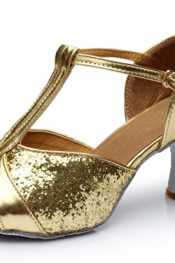 Women's Gold Sparkling Glitter Heels Sandals Latin Salsa T-Strap Dance Shoes Wedding Party Shoes D602029