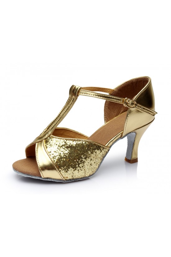 Women's Gold Sparkling Glitter Heels Sandals Latin Salsa T-Strap Dance Shoes Wedding Party Shoes D602029