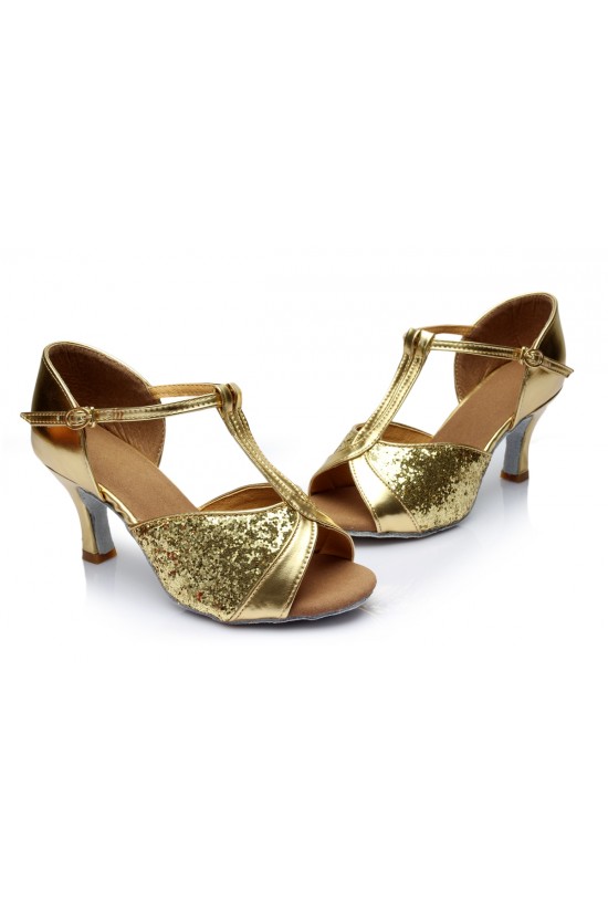 Women's Gold Sparkling Glitter Heels Sandals Latin Salsa T-Strap Dance Shoes Wedding Party Shoes D602029