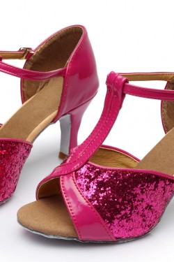Women's Fuschia Sparkling Glitter Heels Sandals Latin Salsa T-Strap Dance Shoes D602030