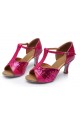 Women's Fuschia Sparkling Glitter Heels Sandals Latin Salsa T-Strap Dance Shoes D602030