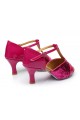 Women's Fuschia Sparkling Glitter Heels Sandals Latin Salsa T-Strap Dance Shoes D602030