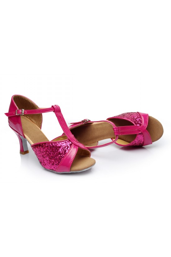 Women's Fuschia Sparkling Glitter Heels Sandals Latin Salsa T-Strap Dance Shoes D602030