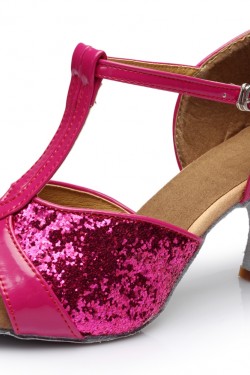 Women's Fuschia Sparkling Glitter Heels Sandals Latin Salsa T-Strap Dance Shoes D602030