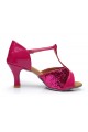 Women's Fuschia Sparkling Glitter Heels Sandals Latin Salsa T-Strap Dance Shoes D602030