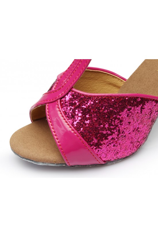 Women's Fuschia Sparkling Glitter Heels Sandals Latin Salsa T-Strap Dance Shoes D602030