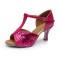 Women's Fuschia Sparkling Glitter Heels Sandals Latin Salsa T-Strap Dance Shoes D602030