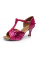 Women's Fuschia Sparkling Glitter Heels Sandals Latin Salsa T-Strap Dance Shoes D602030