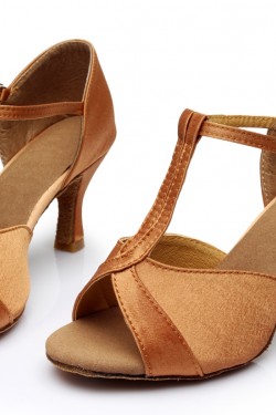 Women's Brown Satin Heels Sandals Latin Salsa Ballroom T-Strap Dance Shoes D602031