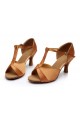 Women's Brown Satin Heels Sandals Latin Salsa Ballroom T-Strap Dance Shoes D602031