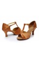 Women's Brown Satin Heels Sandals Latin Salsa Ballroom T-Strap Dance Shoes D602031