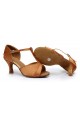 Women's Brown Satin Heels Sandals Latin Salsa Ballroom T-Strap Dance Shoes D602031