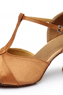Women's Brown Satin Heels Sandals Latin Salsa Ballroom T-Strap Dance Shoes D602031