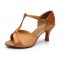 Women's Brown Satin Heels Sandals Latin Salsa Ballroom T-Strap Dance Shoes D602031