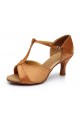 Women's Brown Satin Heels Sandals Latin Salsa Ballroom T-Strap Dance Shoes D602031