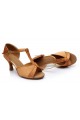 Women's Brown Satin Heels Sandals Latin Salsa Ballroom T-Strap Dance Shoes D602031