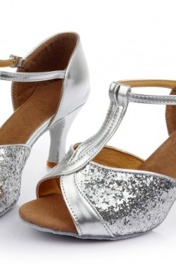 Women's Silver Sparkling Glitter Heels Sandals Latin Salsa Ballroom T-Strap Dance Shoes Wedding Party Shoes D602032
