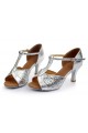 Women's Silver Sparkling Glitter Heels Sandals Latin Salsa Ballroom T-Strap Dance Shoes Wedding Party Shoes D602032