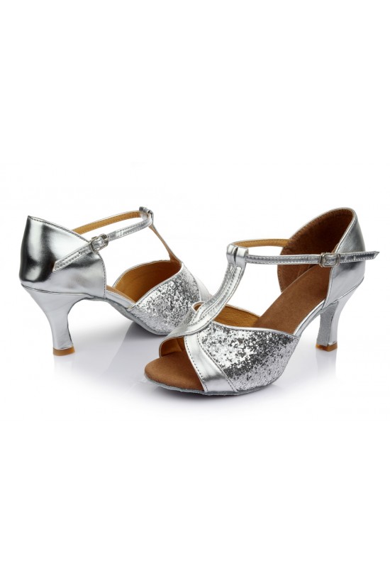 Women's Silver Sparkling Glitter Heels Sandals Latin Salsa Ballroom T-Strap Dance Shoes Wedding Party Shoes D602032