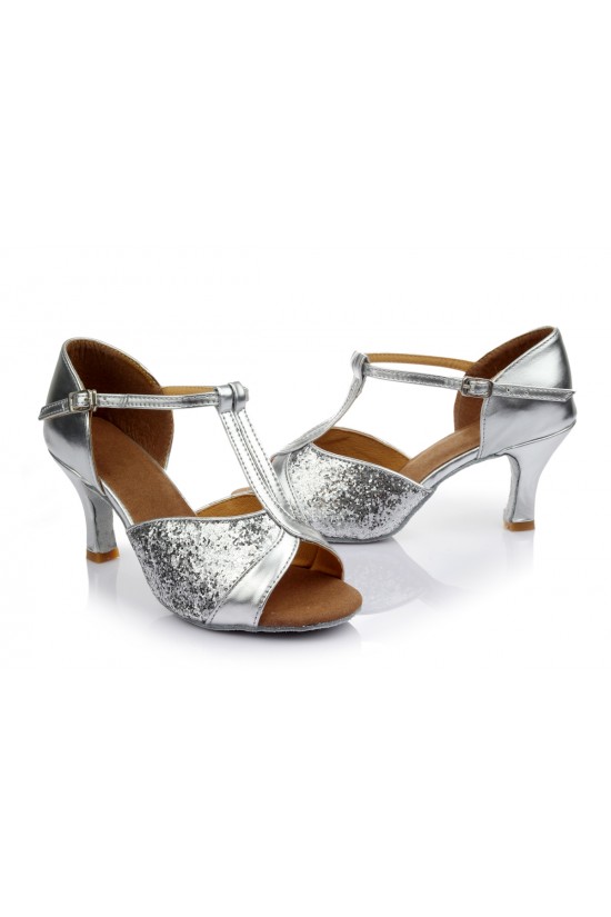 Women's Silver Sparkling Glitter Heels Sandals Latin Salsa Ballroom T-Strap Dance Shoes Wedding Party Shoes D602032