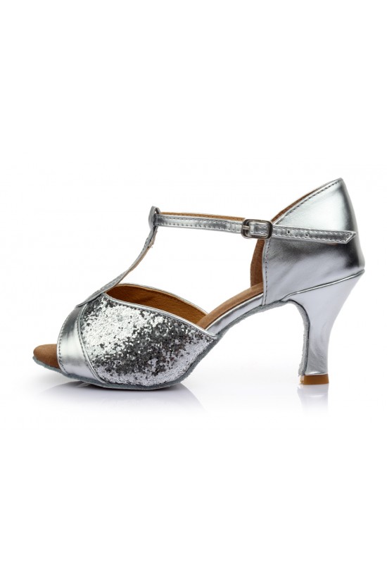 Women's Silver Sparkling Glitter Heels Sandals Latin Salsa Ballroom T-Strap Dance Shoes Wedding Party Shoes D602032